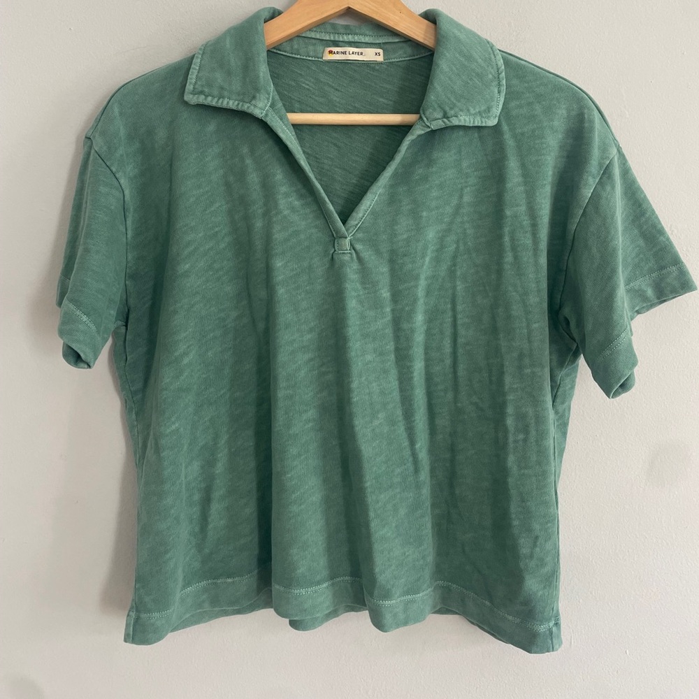 Marine Layer Women’s Green Vintage Slub Polo Tee Casual Minimalist Preppy XS